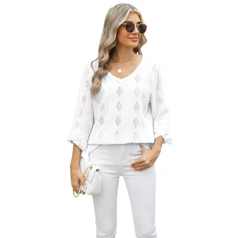 Dames V-Hals Diamant Jacquard Opengewerkt Uitlopende Mouw T-Shirt Losse Rayon Polyester Blouse Casual Street Fashion Top