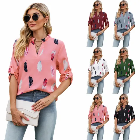 Dames V-hals Veer Print 3/4 Mouw Blouse Casual Ruime Polyester Overhemd Voor Herfst Winter Mode Streetwear Top