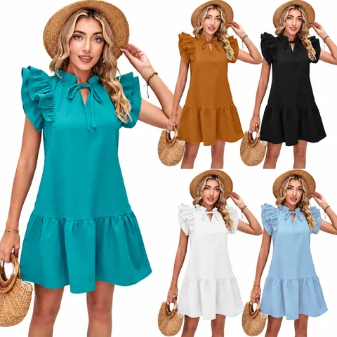 Women's Summer Ruffle Sleeve V-Neck Tie Mini Dress Solid Color Pleated A-Line Princess Dress Casual Vacation Party Outfit