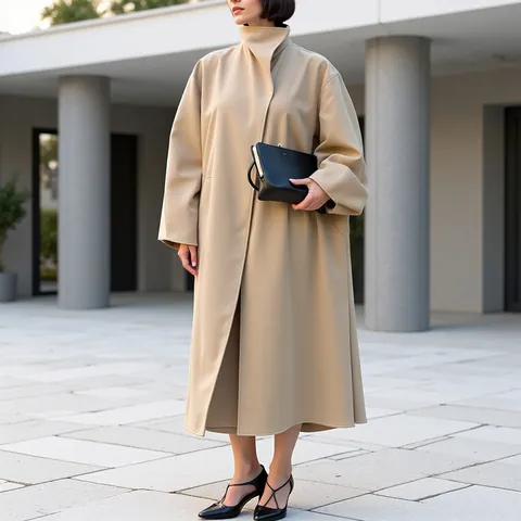 Women's Autumn Winter Long Trench Coat Stand Collar Batwing Sleeve Oversized Casual Windbreaker Minimalist Jacket Outwear