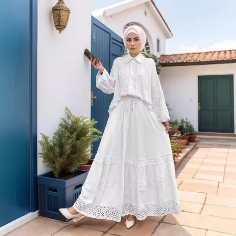Women's Elegant Lace Applique Shirt And Loose Maxi Skirt Top And Bottom Set Hollow Embroidery Cotton Blend Long Sleeve Clothing