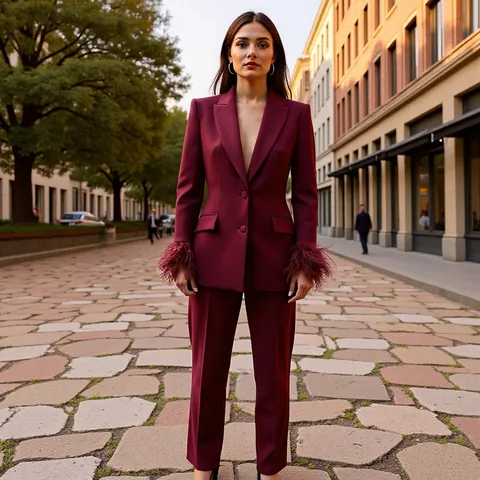 Women's Casual Autumn Suits Set Notched Lapel Blazer Jacket With Feather Cuffs Solid Color Straight Trousers Two Piece Top And Bottom Set