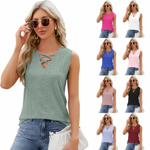 Dames V-Hals Jacquard Gekruist Bandjes Mouwloos Tanktop Casual Losse Effen Kleur Zomer Top Top