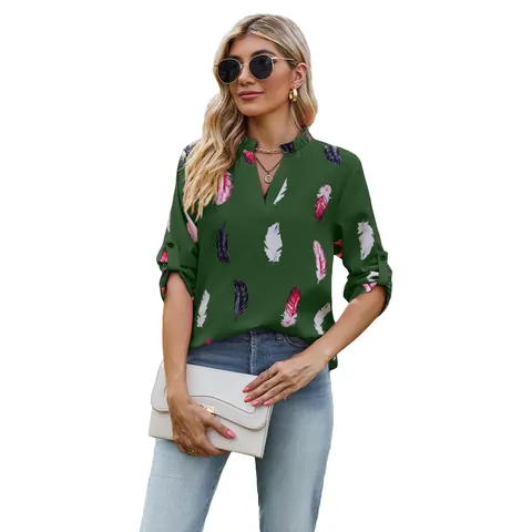 Dames V-hals Veer Print 3/4 Mouw Blouse Casual Ruime Polyester Overhemd Voor Herfst Winter Mode Streetwear Top