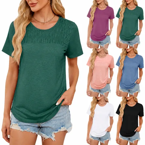 Dames Casual Smockwerk Ronde Hals T-Shirt Effen Kleur Losse Korte Mouw Gesmokte Top Zomer Mode Katoenmix Basis Tee