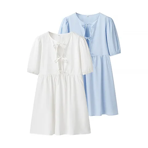 Robe Midi Femme Style Européen Col Rond À Lacets Manches Courtes Ample Décontracté Couleur Unie Imprimé Léopard Été