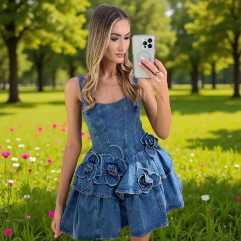 Robe à Bretelles en Jean Style Français Femmes Été Décoration Florale 3D Jupe Plissée Bouffante Robe Courte Sans Manches Rétro