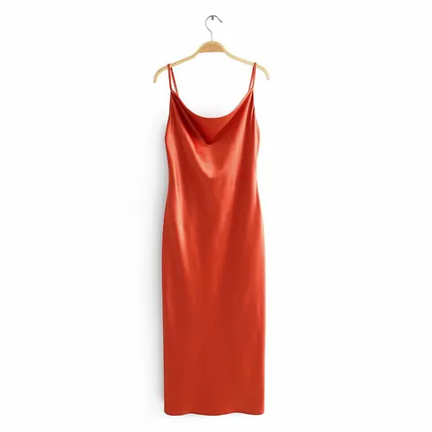 Robe Nuisette Midi en Satin pour Femme avec Col Bénitier Sexy Fines Bretelles Dos Nu Couleur Unie Robe de Soirée Élégante