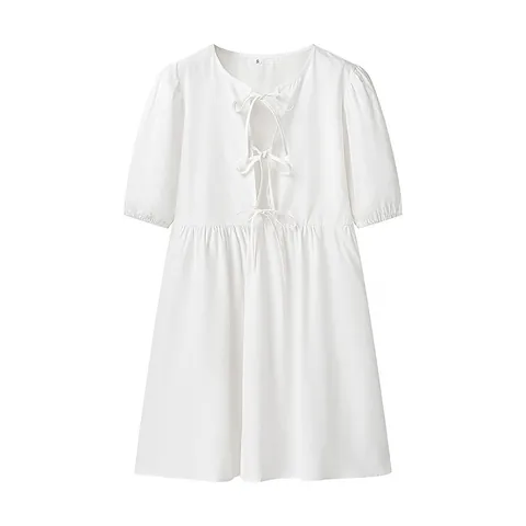 Robe Midi Femme Style Européen Col Rond À Lacets Manches Courtes Ample Décontracté Couleur Unie Imprimé Léopard Été