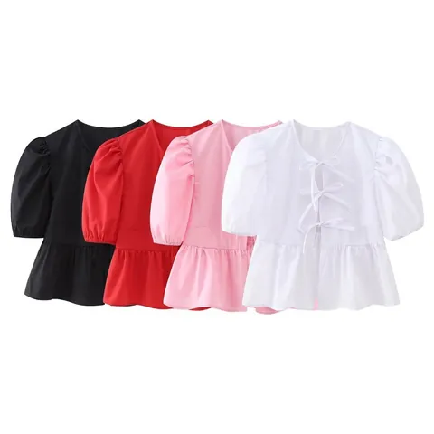 Chemisier Femme en Polyester Manches Bouffantes à Lacets Top Peplum Rétro Couleur Unie pour Vêtements Décontractés Mode Printemps Été