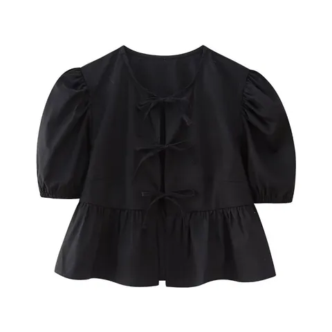 Chemisier Femme en Polyester Manches Bouffantes à Lacets Top Peplum Rétro Couleur Unie pour Vêtements Décontractés Mode Printemps Été