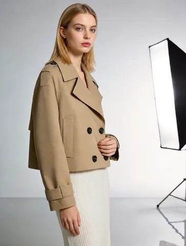Trench Corto da Donna Cropped in Misto Lana Doppiopetto Giacca con Revers Manica Lunga Casual Capispalla Autunno Top