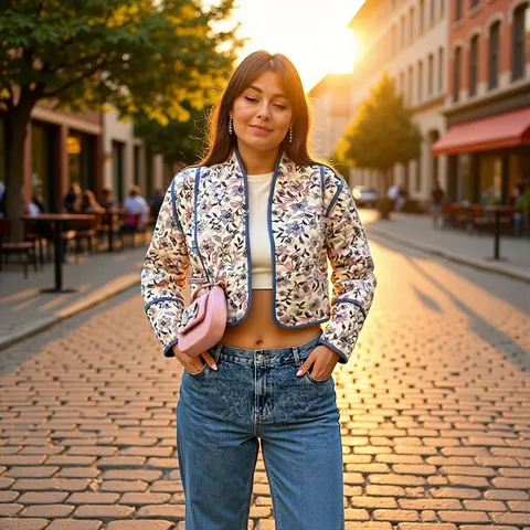 Damen Französisch Vintage Blumig Gesteppt Wattierte Jacke Vorne Offen Kurz Patchwork Baumwollwattierung Mantel Langarm Top