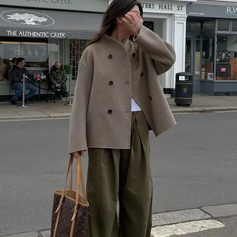 Women's British Style Short Double Breasted Woolen Coat Casual Plain Color Long Sleeve Elegant Outerwear Top