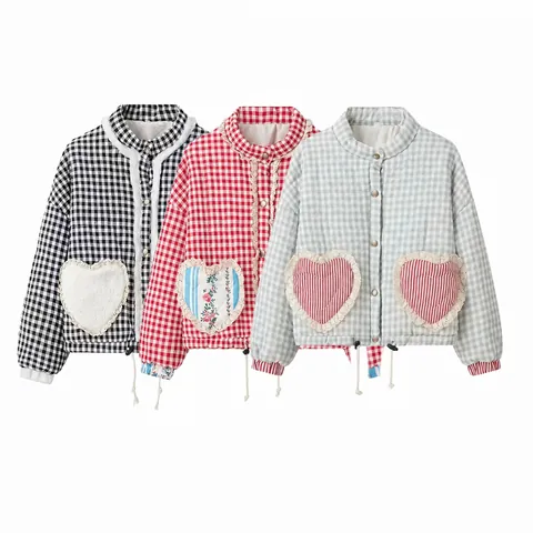 Women Street Fashion Plaid Patchwork Padded Jacket Autumn Winter Chenille Heart Pocket Lace Trim Warm Short Padded Coat Top