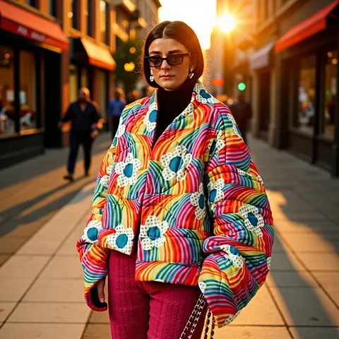 Women Fashion Rainbow Flower Quilted Jacket Colorful Floral Print Padded Coat Oversized Autumn Winter Warm Top Outerwear