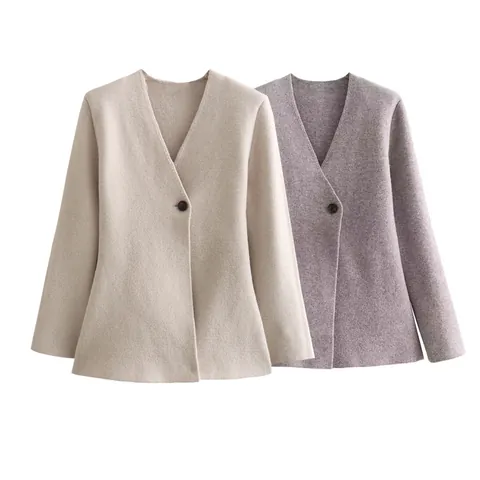 Women Casual Chemical Fiber Blend Knit Blazer Jacket V Neck Single Button Long Sleeve Top Office Commute Intellectual