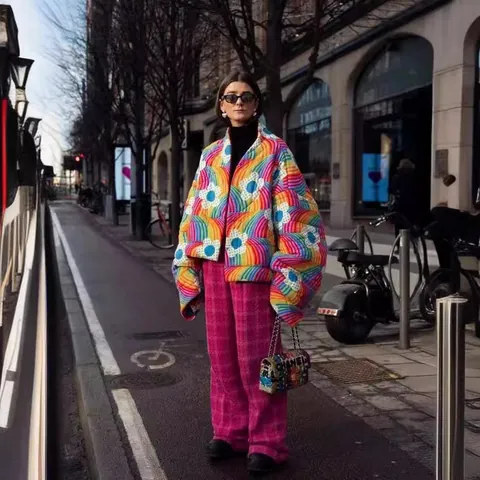 Women Fashion Rainbow Flower Quilted Jacket Colorful Floral Print Padded Coat Oversized Autumn Winter Warm Top Outerwear