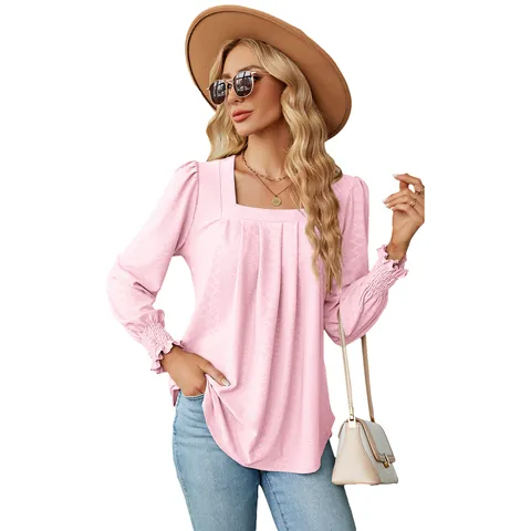 Camiseta de Manga Larga Jacquard con Cuello Cuadrado para Mujer Estilo Occidental Plisado Puños Fruncidos Top con Dobladillo de Cola de Golondrina