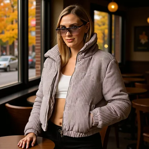 Damen Cordsamt Wattierte Jacke Kurz Schlanke Passform Langarm Stehkragen Streetwear Reißverschluss Oberbekleidung Mantel Herbst Winter Lässig Warm Top