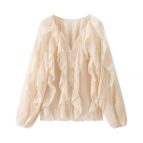 Damen V-Ausschnitt Einreihig Langarm Rüschen Bluse Frühling Lagen Chiffon Hemd Top Elegant Lässig Street Style Top
