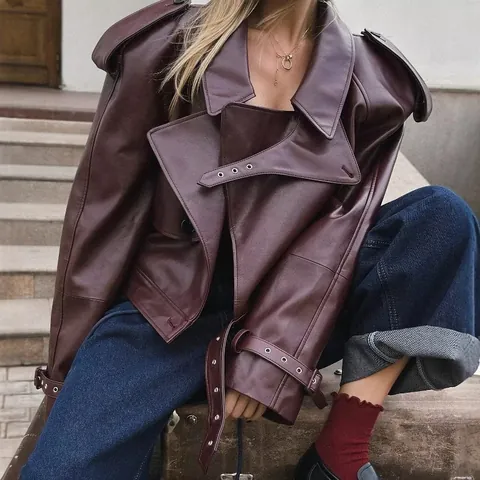 Women Faux Leather Biker Jacket Street Trend Burgundy Black Brown Oversized Lapel Belted Short Long Trench Coat Top Outwear