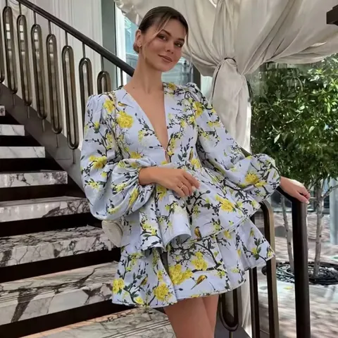 Women Elegant Polyester Floral Printed Mini Dress V Neck Puff Lantern Sleeve Layered Ruffle Hem Vacation Party Dress Top And Bottom