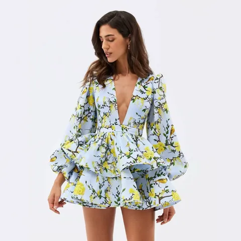 Women Elegant Polyester Floral Printed Mini Dress V Neck Puff Lantern Sleeve Layered Ruffle Hem Vacation Party Dress Top And Bottom