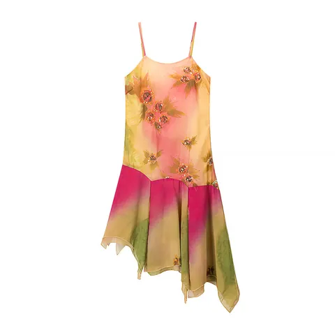 Abito Maxi Bohémien Chiffon Stampa Floreale Sfumata Paillettes Ricamo Orlo Irregolare Spalline Sottili Elegante
