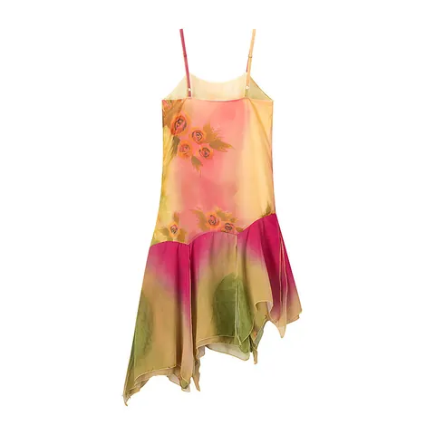 Abito Maxi Bohémien Chiffon Stampa Floreale Sfumata Paillettes Ricamo Orlo Irregolare Spalline Sottili Elegante
