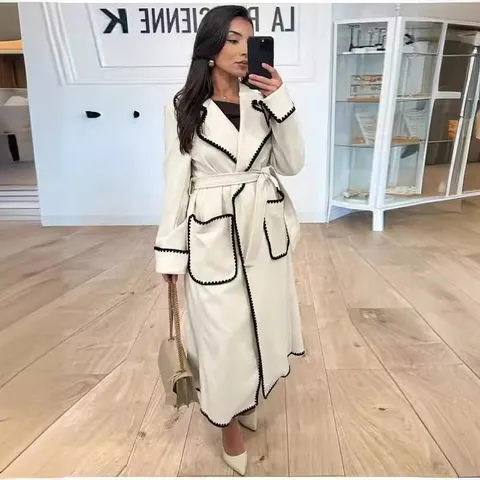 British Style Women Long Woolen Coat Crocheted Scalloped Trim Lapel Long Sleeve Belted Solid Outerwear Autumn Winter Jacket