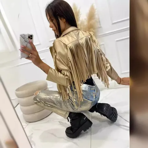 Women Western Street Style Metallic Faux Leather Jacket Long Fringe Tassel Biker Jacket Short Cropped PU Leather Top Coat