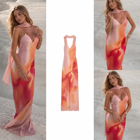 Damen Print Ärmelloses Schal Maxi Kleid V-Ausschnitt Slim Fit Patchwork Sommerkleid Polyester Langes Kleid Urlaub