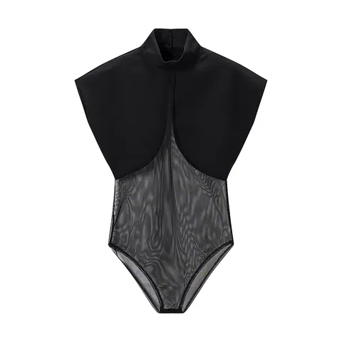 Women's Elegant High Neck Sleeveless Mesh Patchwork Bodysuit Slim Fit Solid Black Romper Top 2025 Autumn Fashion Sexy Leotard