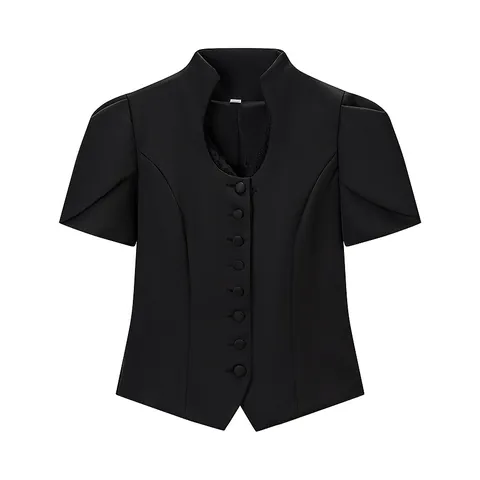 Women Elegant Slim Fit Short Sleeve Top Single Breasted Puff Sleeve Lace Patchwork Business Casual Solid Color Blouse