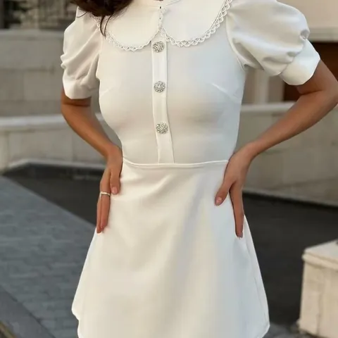 Women Elegant Sweet Detachable Peter Pan Collar Mini Dress Puff Sleeve A-Line Short Dress With Rhinestone Pearl Decoration