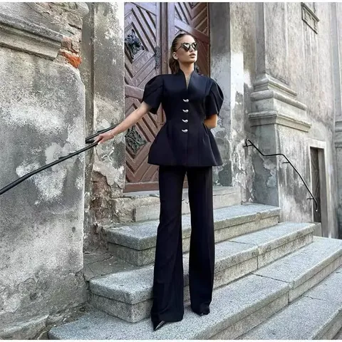 Top da Donna alla Moda Tinta Unita Scollo a V Maniche a Sbuffo e Pantaloni a Campana a Vita Alta Street Trendy Top And Bottom
