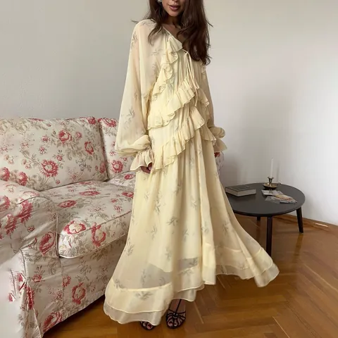 Vestido Maxi de Malla con Volantes y Cuello en V Estilo Francés Elegante Estampado Floral Manga Larga Ajustado para Mujer