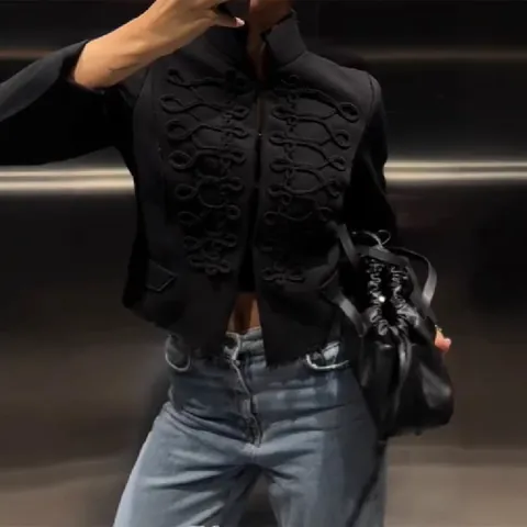 Veste pour Femme Nouveau Style Chinois avec Col Montant Veste Courte Couleur Unie Style Militaire Rétro Manteau en Polyester pour le Quotidien