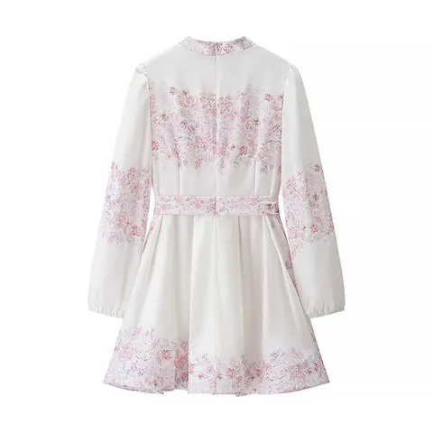 Robe Femme Élégante Imprimé Floral Col Montant Manches Longues Avec Ceinture Rétro Manches Lanterne Rose Mini Robe Vacances