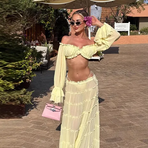 Women Sexy Off Shoulder Long Sleeve Tube Top And Ruffle Tiered Maxi Skirt Bohemian Vacation Solid Yellow Top And Bottom