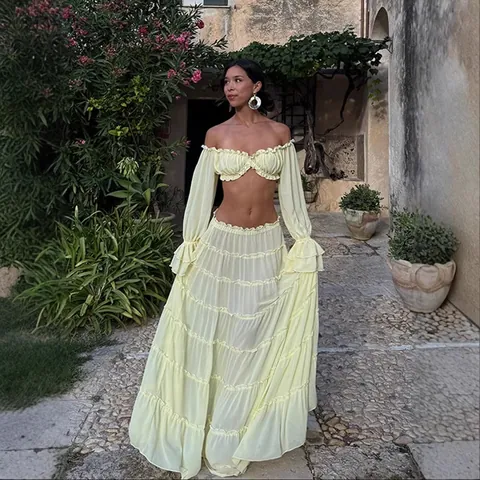 Women Sexy Off Shoulder Long Sleeve Tube Top And Ruffle Tiered Maxi Skirt Bohemian Vacation Solid Yellow Top And Bottom