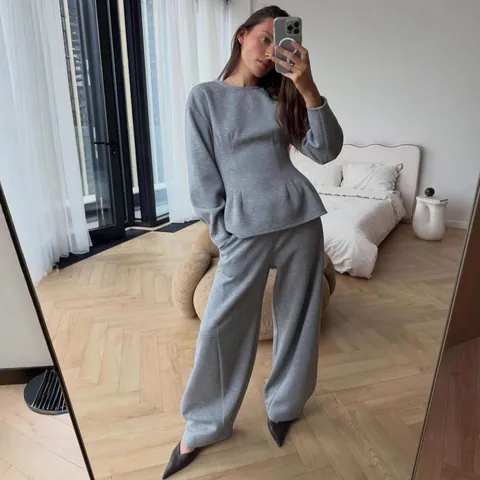 Damen Schößchen Top Und Weite Hose Elegant Langarm Rundhalsausschnitt Einfarbig Lässiges Büro-Outfit
