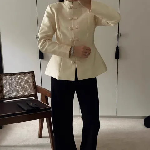 Women's Chinese Style Cropped Blazer Stand Collar Frog Button Polyester Jacket Vintage Solid Color Long Sleeve Top