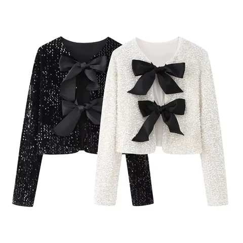 Chaqueta Corta de Lentejuelas Brillantes con Lazo para Mujer Ropa de Abrigo Elegante para Fiesta Invierno Manga Larga Cuello Redondo Top