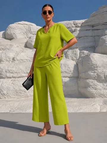 Completo Donna Casual Scollo a V Manica Corta e Pantaloni a Gamba Larga Tinta Unita Elegante da Vacanza