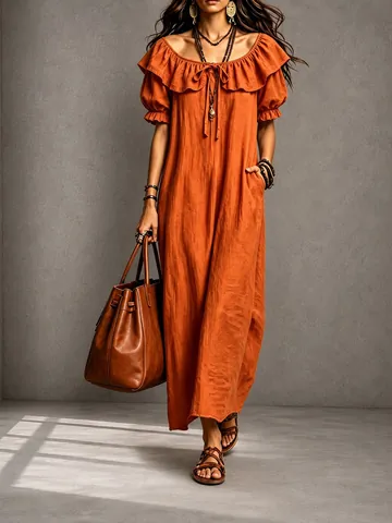 Vestido Maxi Bohemio con Cuello de Volantes y Manga Mariposa para Mujer Elegante Vestido Largo Plisado para Vacaciones