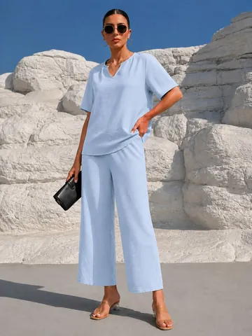Completo Donna Casual Scollo a V Manica Corta e Pantaloni a Gamba Larga Tinta Unita Elegante da Vacanza