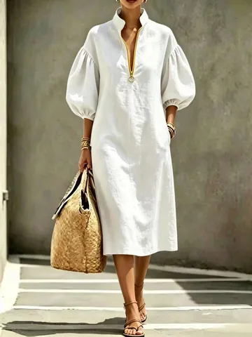 Women Casual Solid Color Puff Sleeve Dress Stand Collar Zipper Loose Midi Dress For Spring Summer Daily Wear Top And Bottom