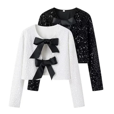 Women Elegant Sequined Bow Cropped Jacket Long Sleeve Round Neck Sparkling Bolero Top For Party Evening Lady White Black